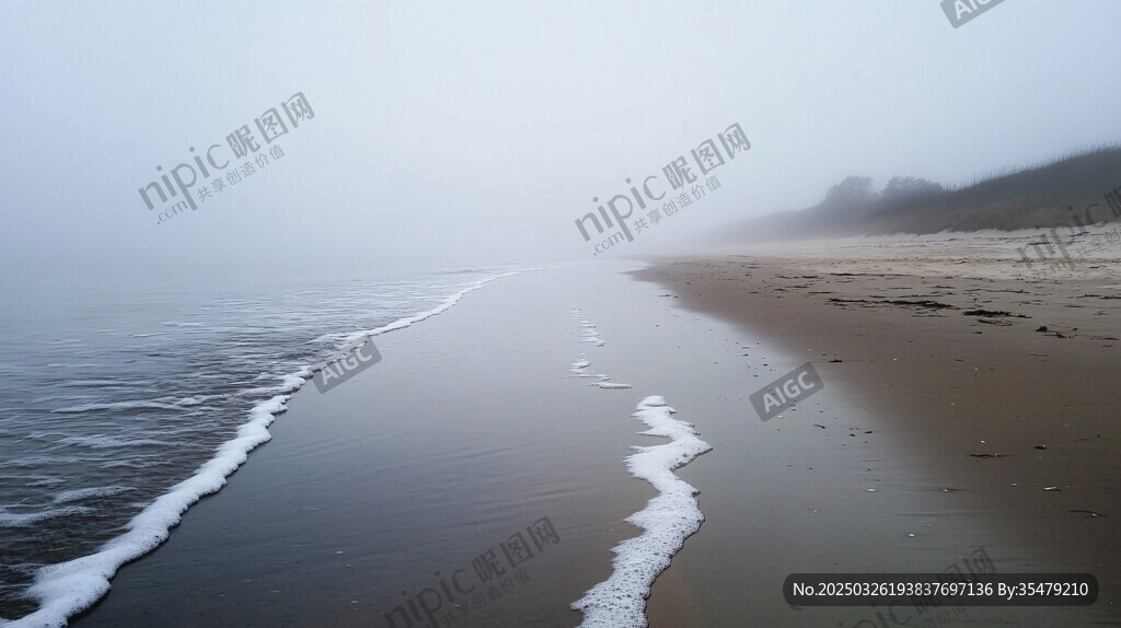 雾霭中的静谧海滩