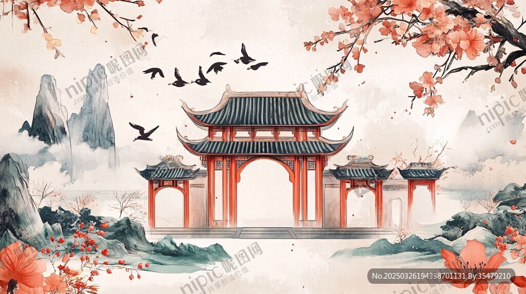 中式山水亭阁花鸟意境图