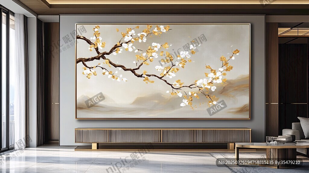 中式客厅的雅致花卉挂画