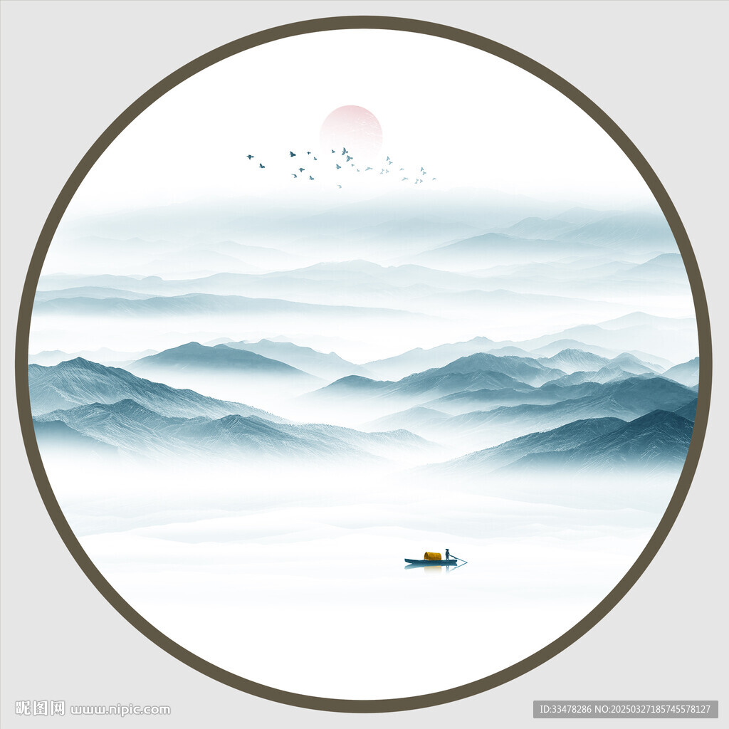 圆形山水水墨画