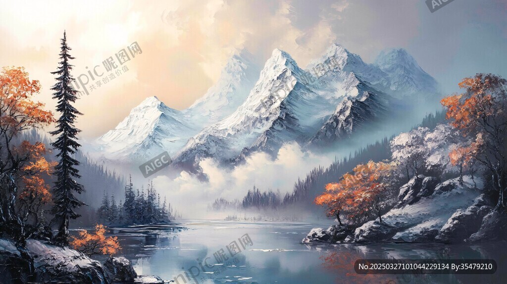 秋日雪山湖畔梦幻美景