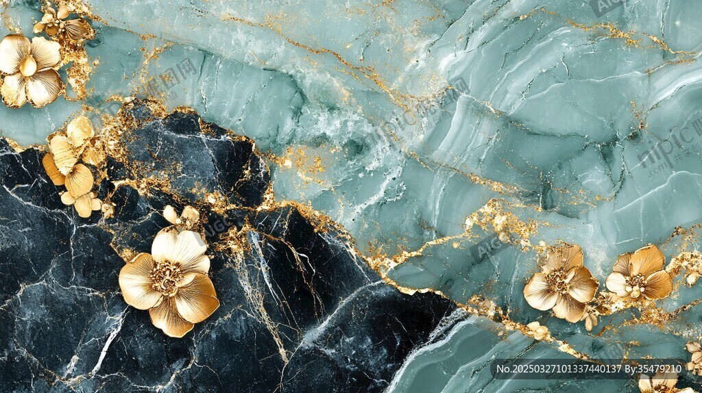 蓝绿大理石配金色花朵纹理