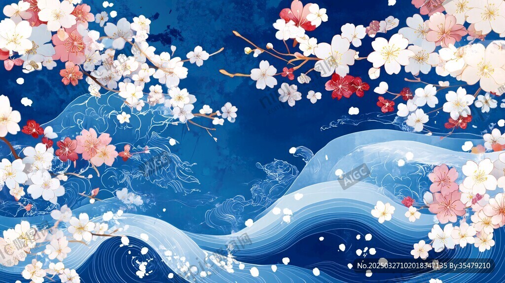 蓝底繁花海浪唯美图景