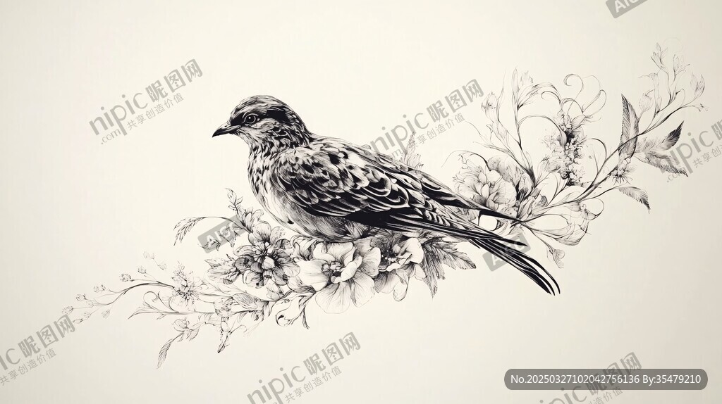 栖息花枝的鸟黑白素描图