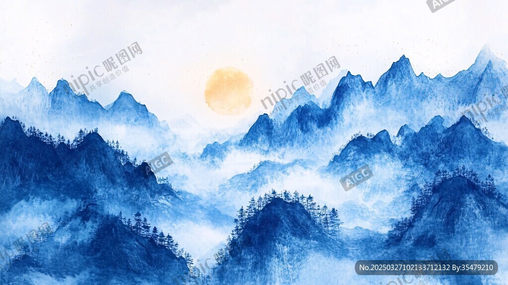 水墨山川间的日出盛景