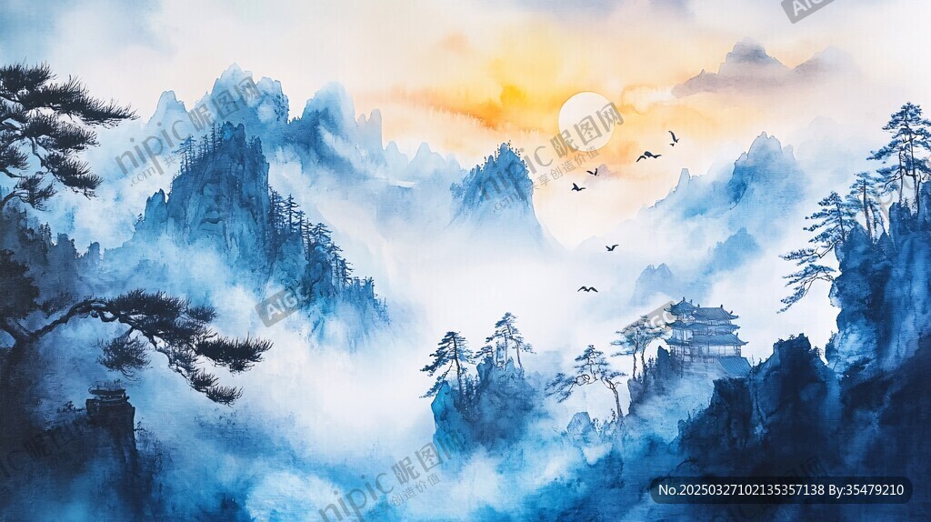 水墨山水间的日出盛景