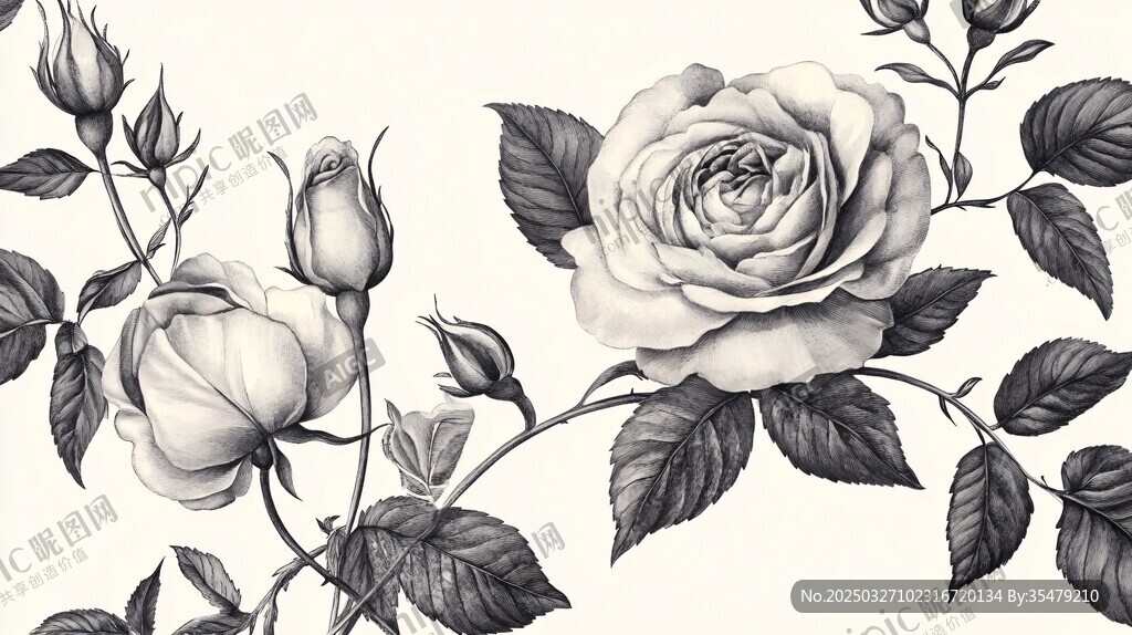 黑白玫瑰花卉精致插画