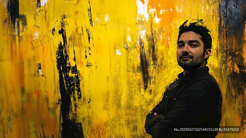 艺术家立于绚丽抽象画前