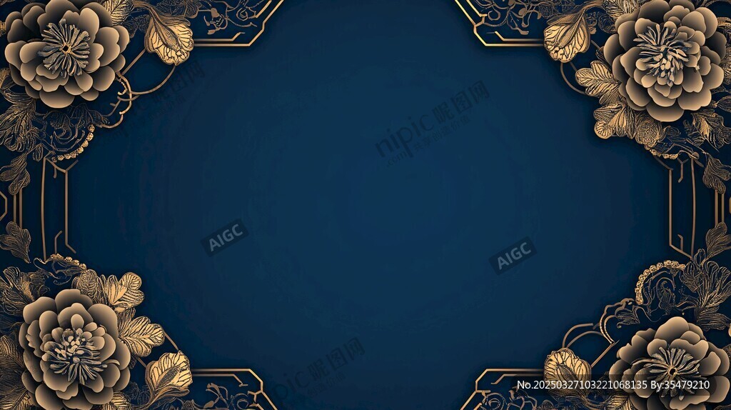 蓝底金边牡丹中式背景图