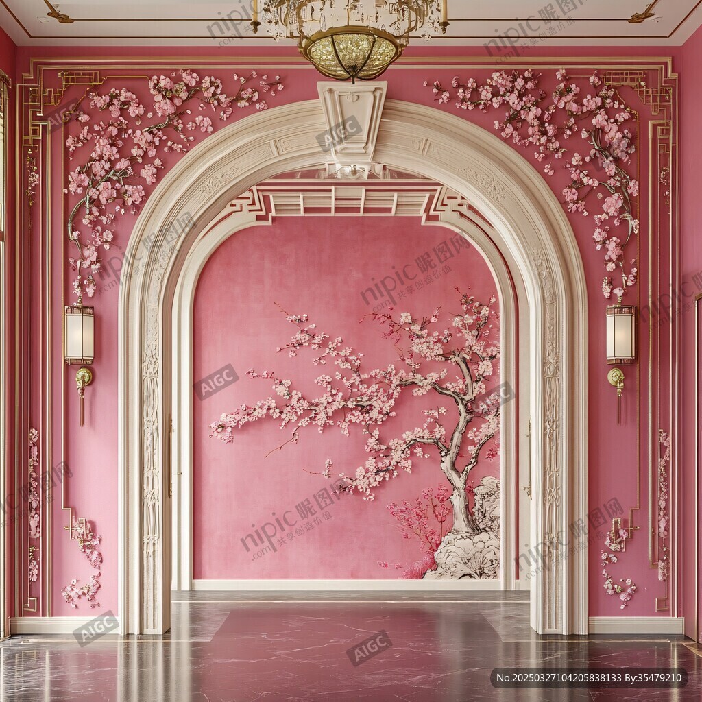 粉色中式拱门装饰华丽空间