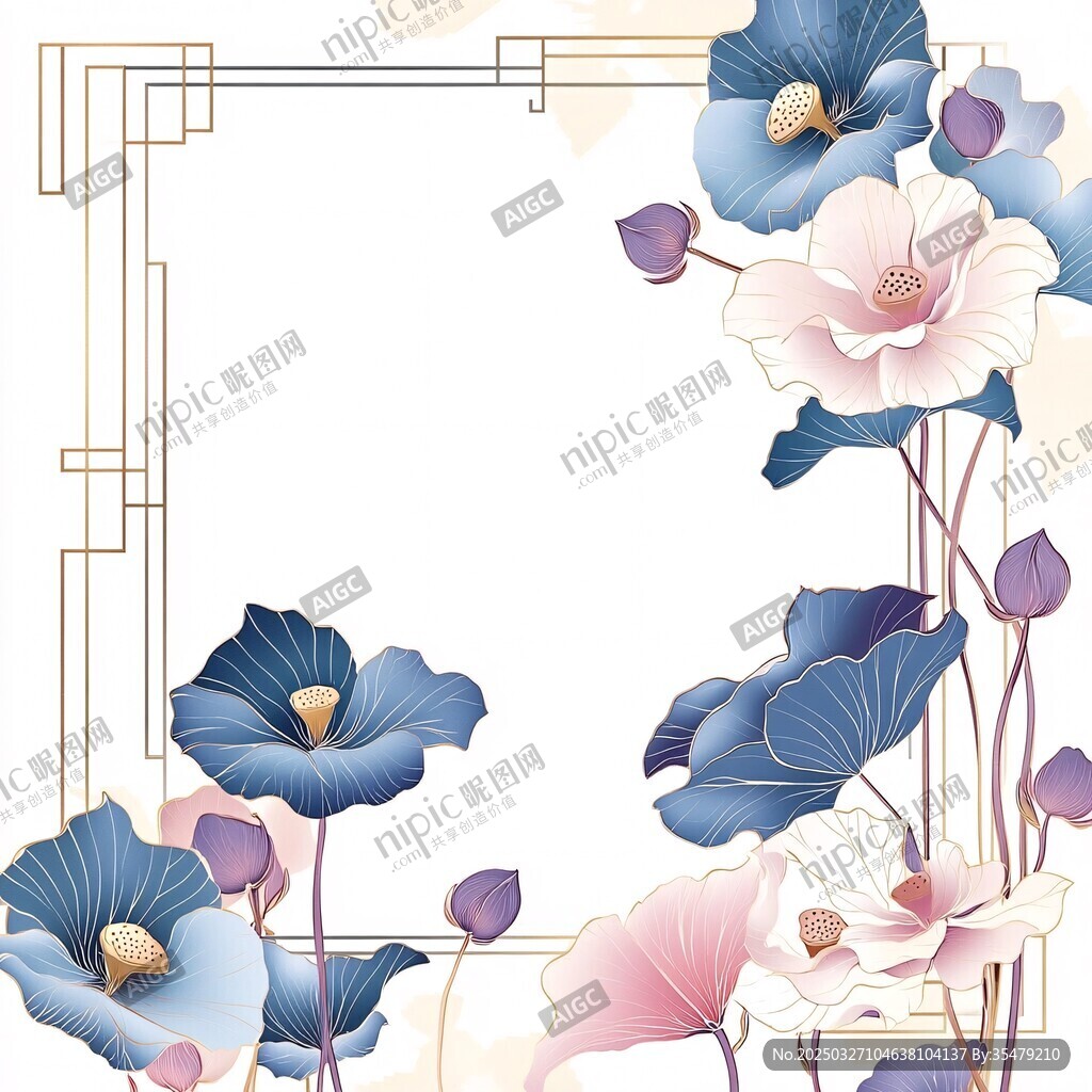中式荷花边框装饰图案