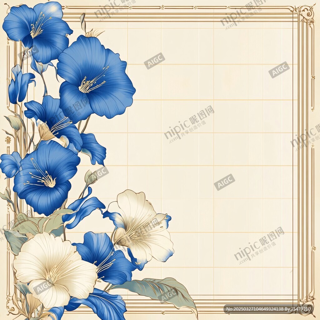 蓝白花卉边框装饰图案