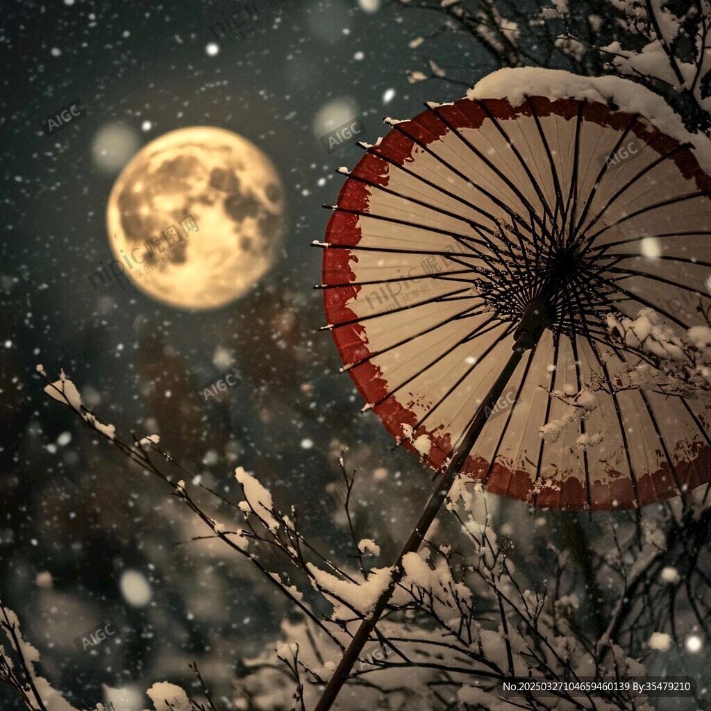 雪夜月下垂伞景