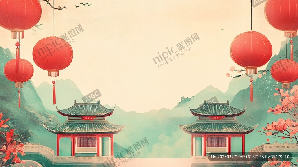 中式古风灯笼亭台山水景