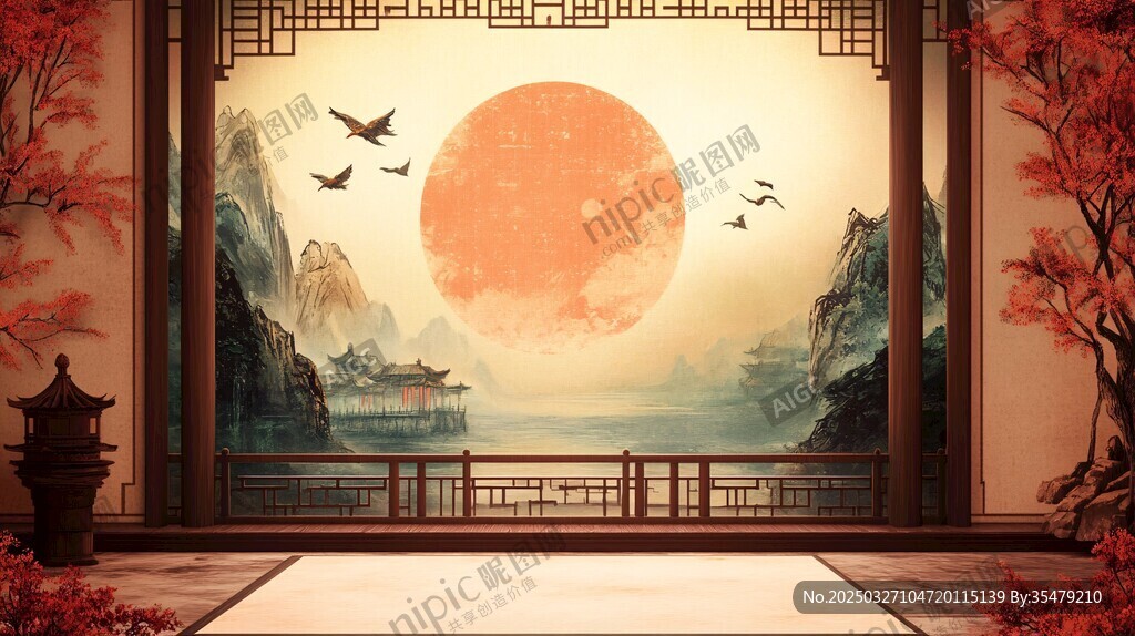 中式庭院中的山水落日景