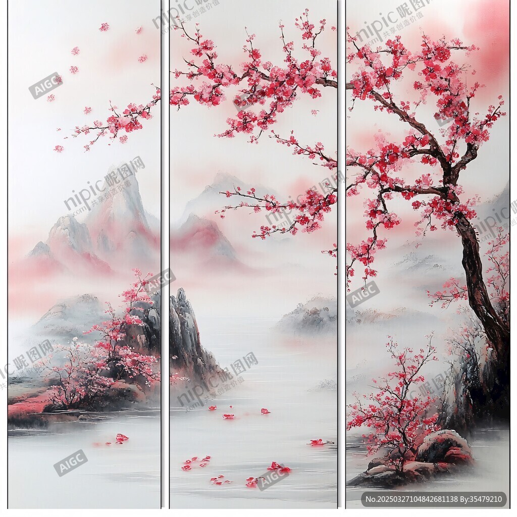 水墨红梅山水三联画意境美