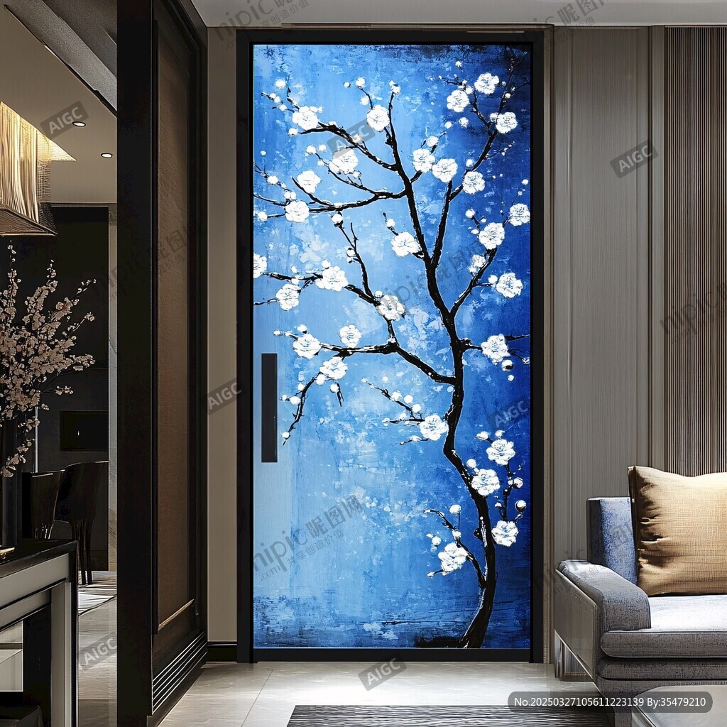 蓝底白梅玄关装饰画