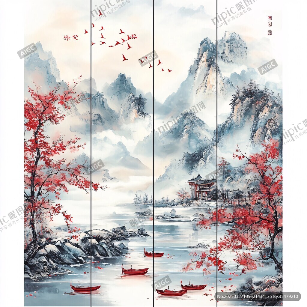 中式山水红叶飞鸟意境画