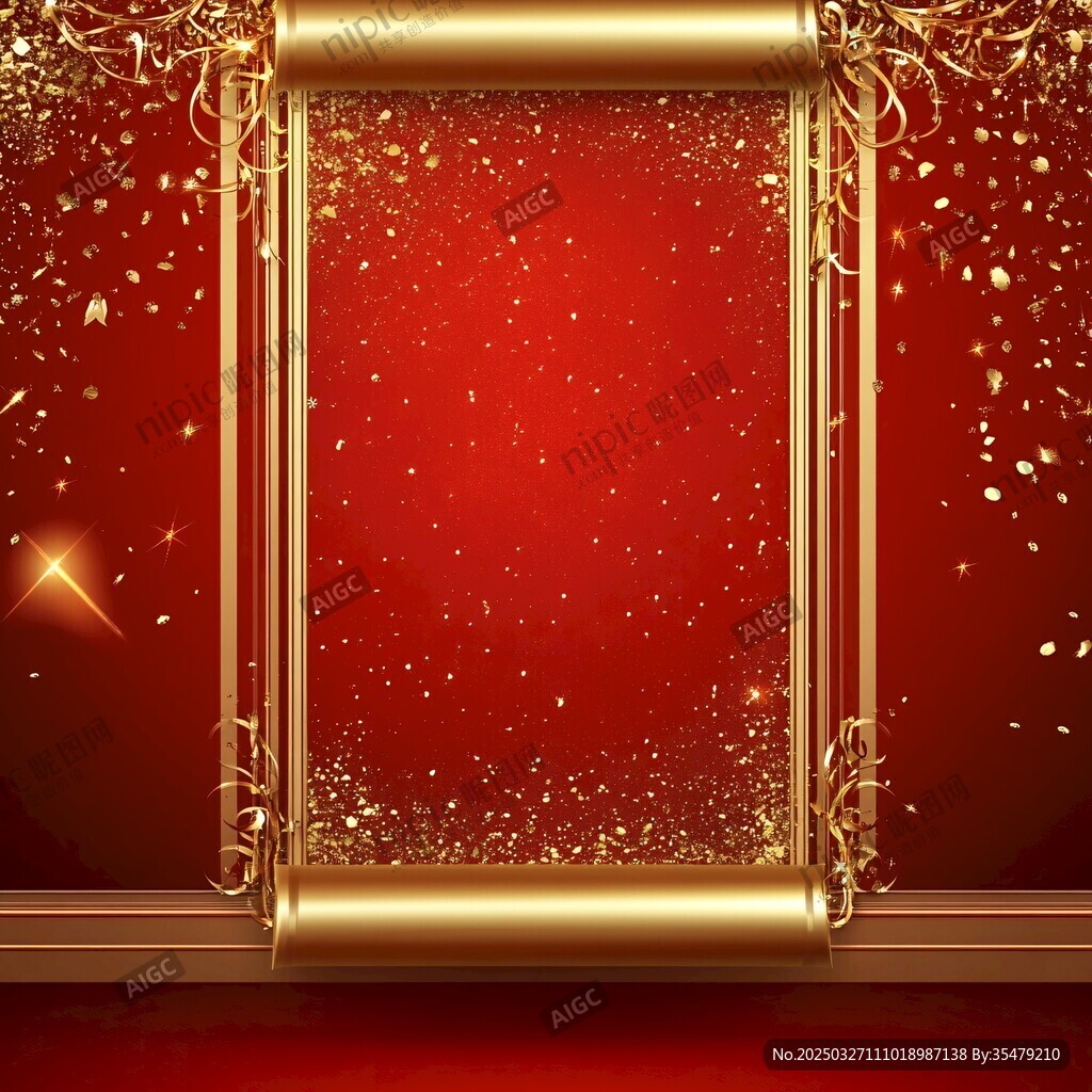 金色卷轴红底喜庆背景图