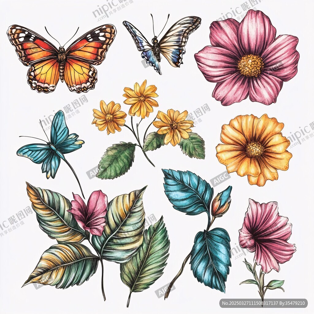 花卉蝴蝶手绘插画素材