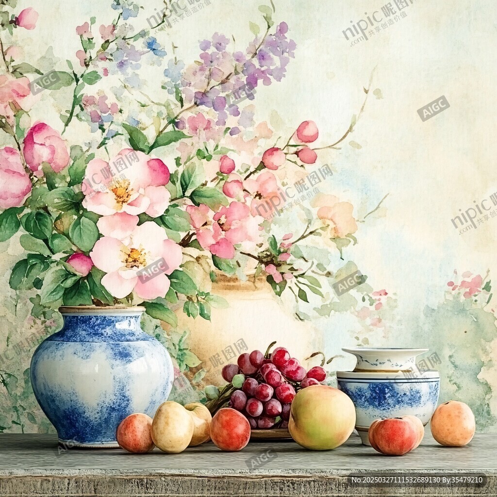 蓝白瓷瓶中的缤纷花卉静物