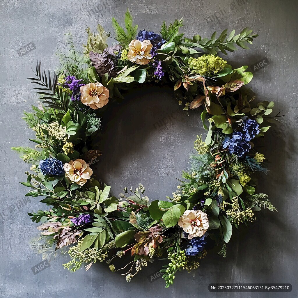 精美花卉绿叶编织花环