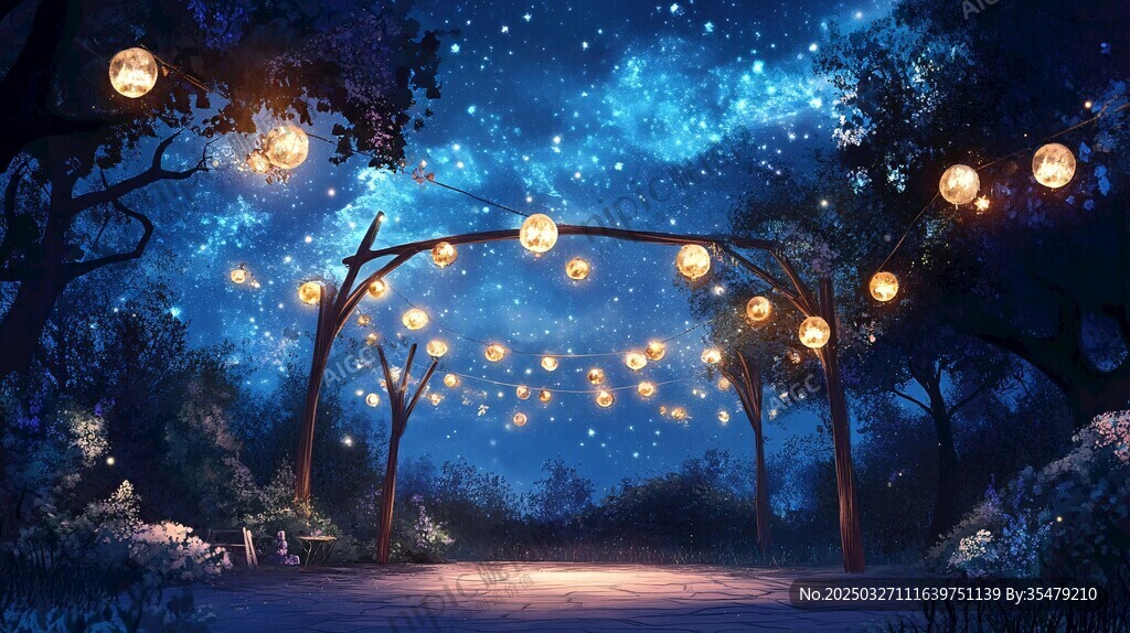 梦幻星空下的灯笼林间小道