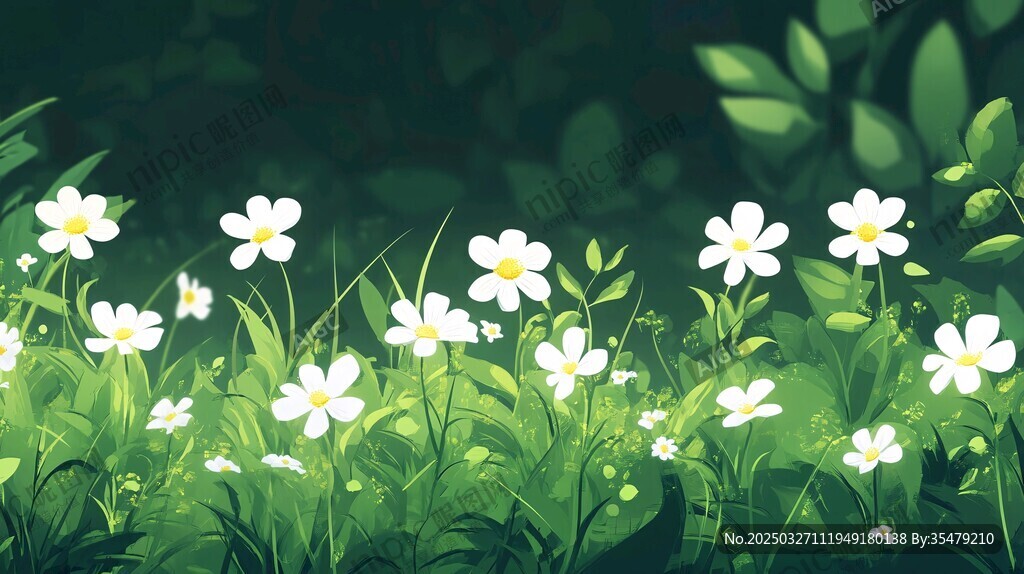春日草地小白花清新插画