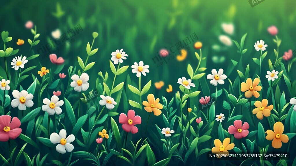 春日繁花盛开的梦幻草地