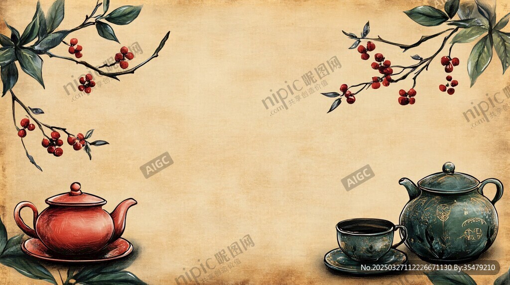 复古风茶具与枝叶装饰图