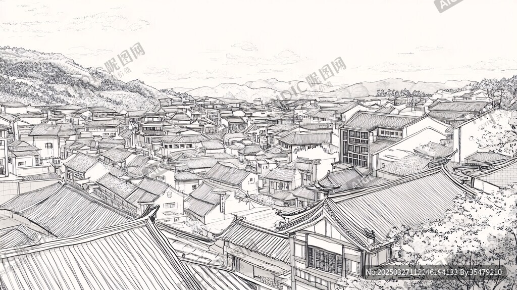 古村俯瞰线描风景图