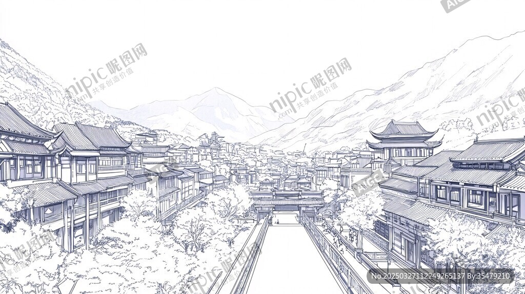 古风山水城镇线描景观图