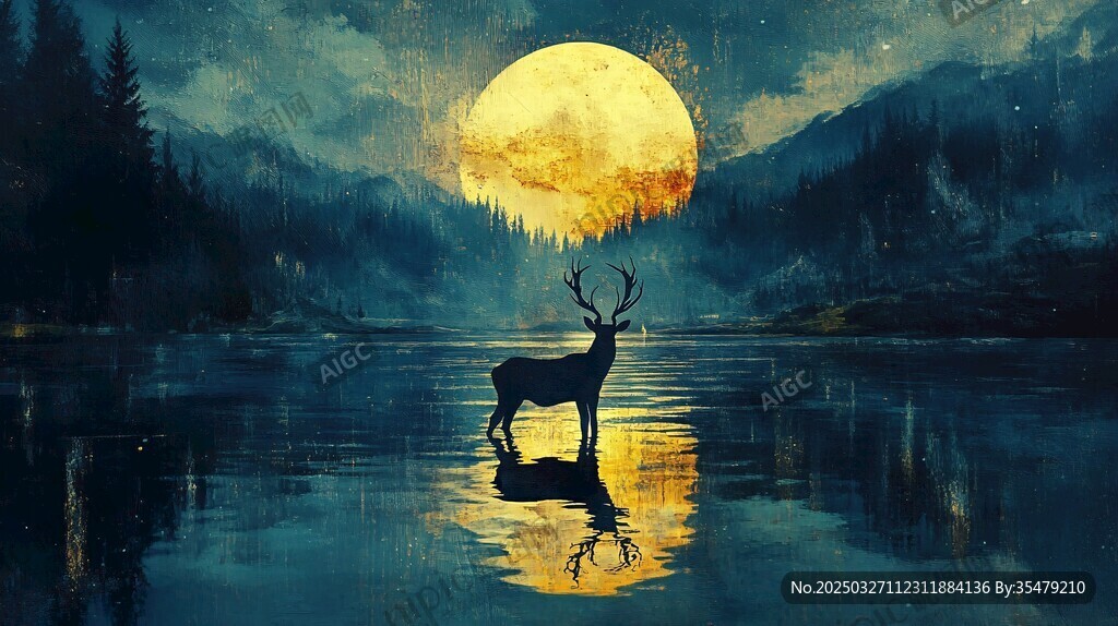 月夜湖畔的孤独麋鹿
