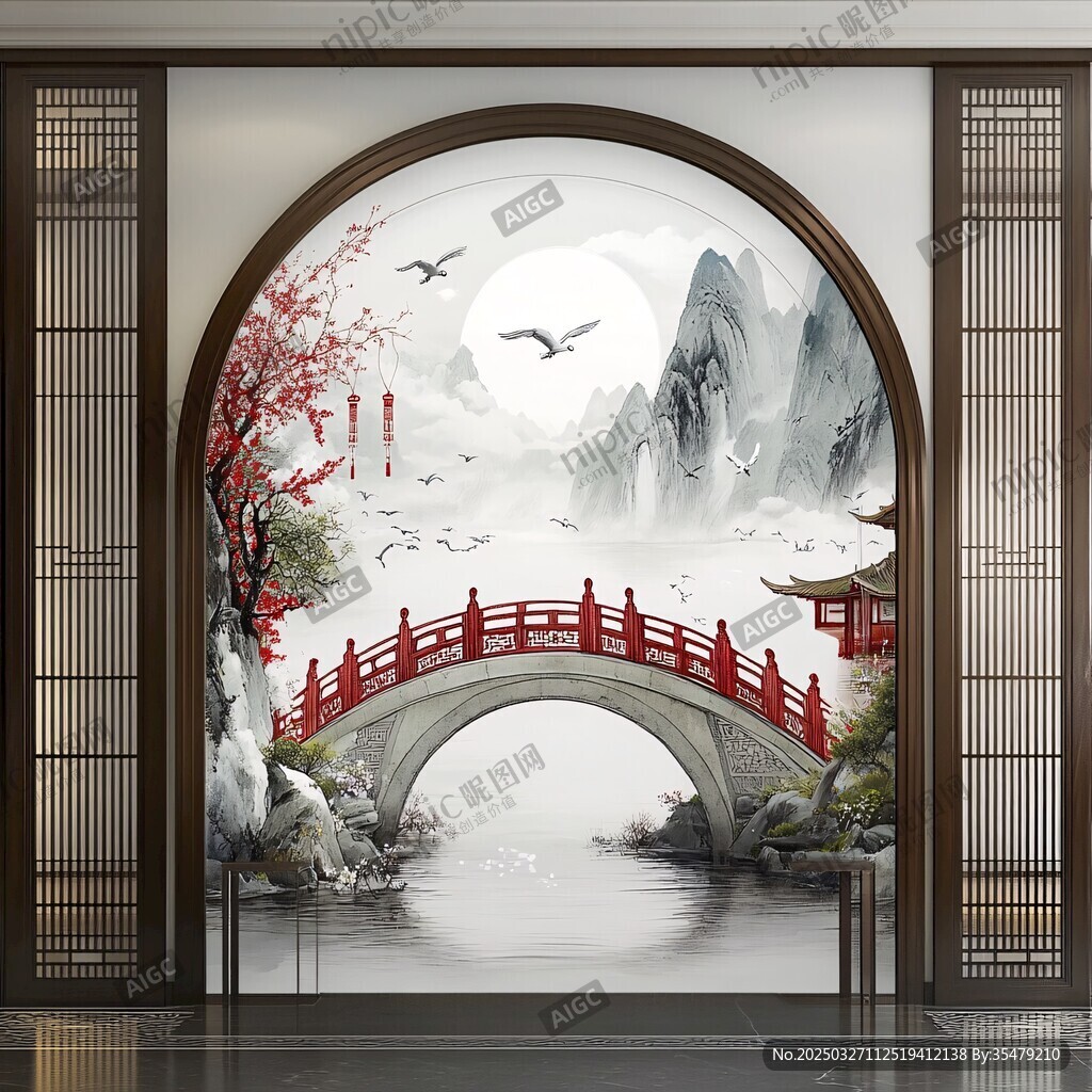 中式拱形门旁的水墨山水景