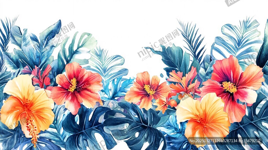 热带花卉与叶片水彩插画