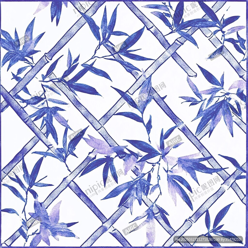 蓝白竹叶竹枝图案纹理