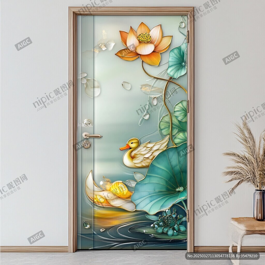 荷花游鸭玻璃门艺术图案