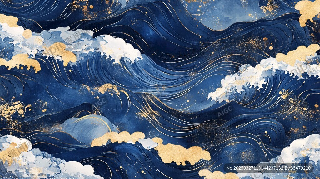 中式海浪纹样 金蓝交织之美