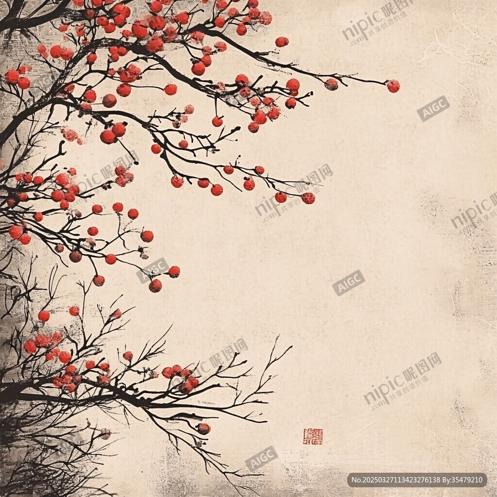 红果满枝的中式水墨写意画