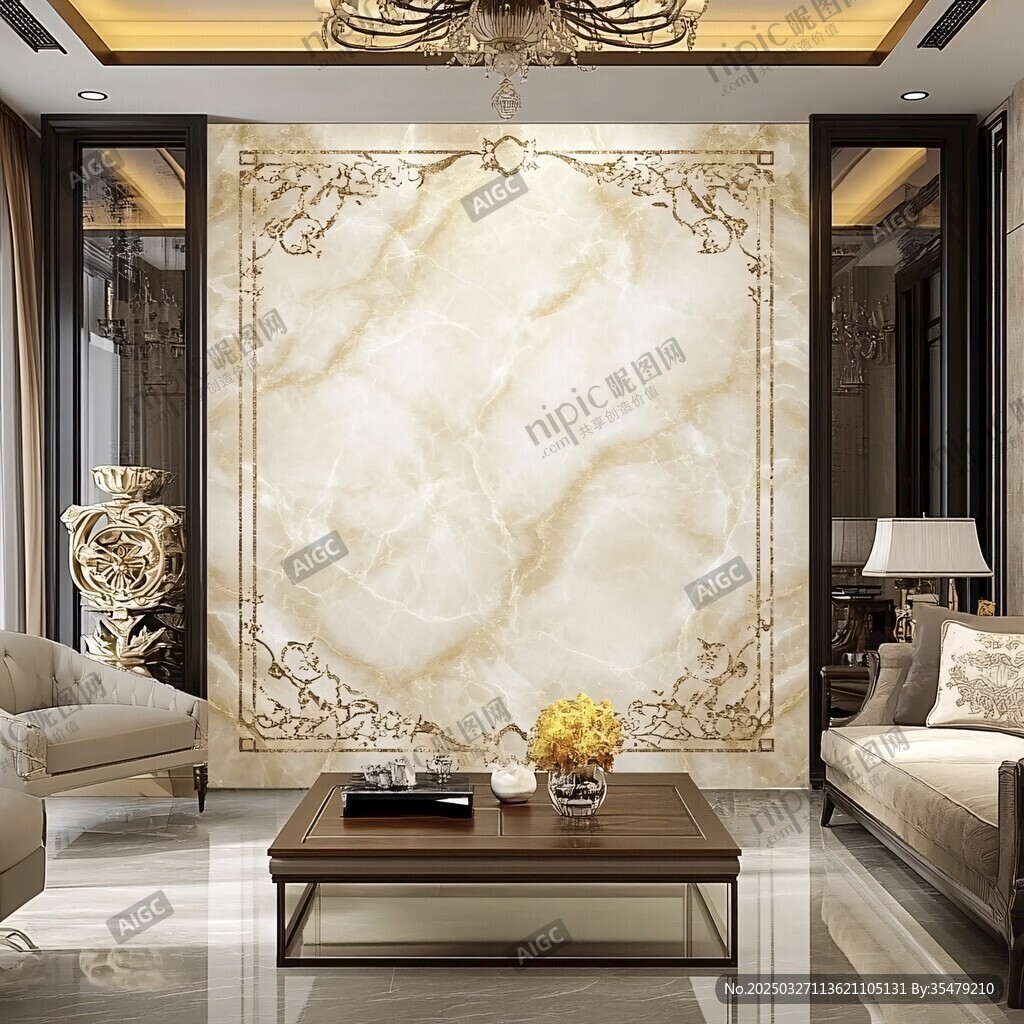 奢华客厅的大理石电视背景墙