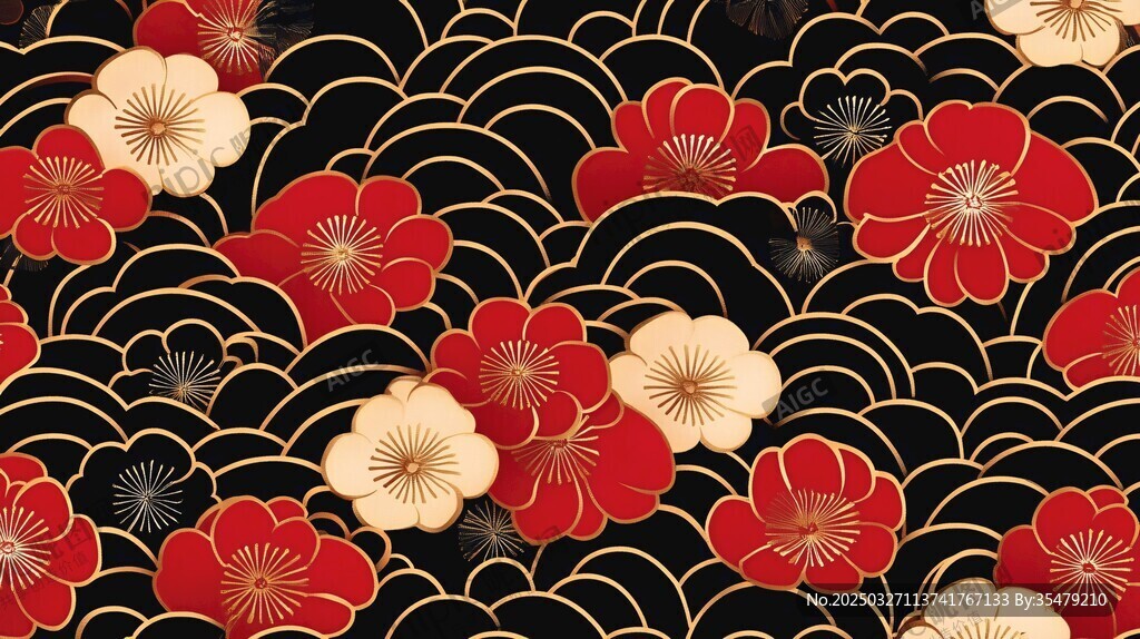 日式和风花卉波浪纹图案