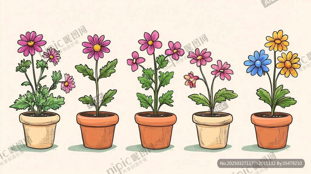 可爱盆栽花卉插画展示