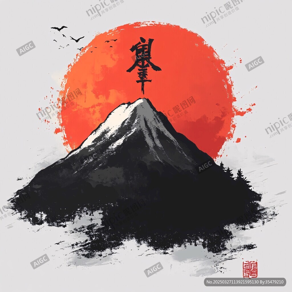 富士山红日飞鸟水墨意境