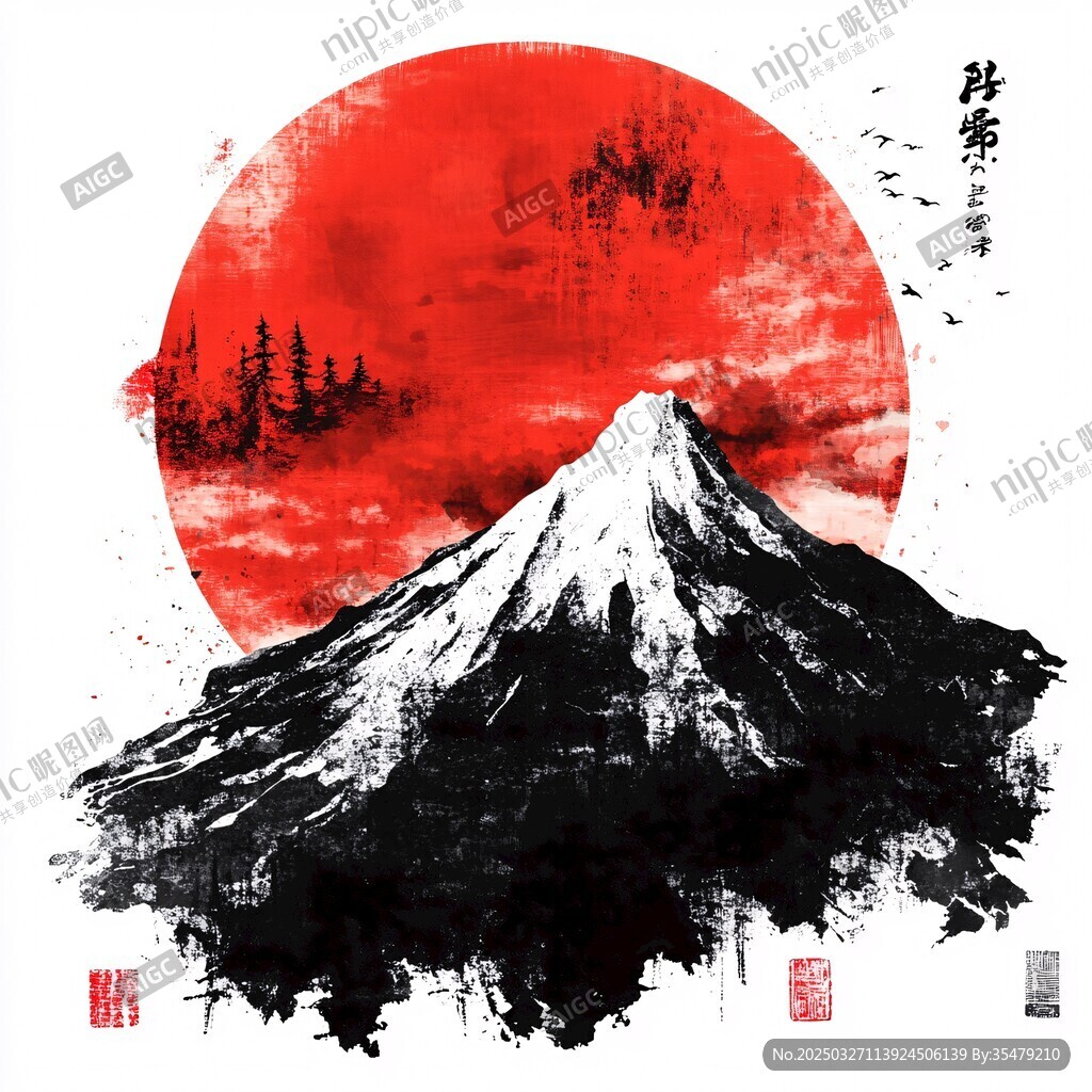 水墨富士山 红日映美景