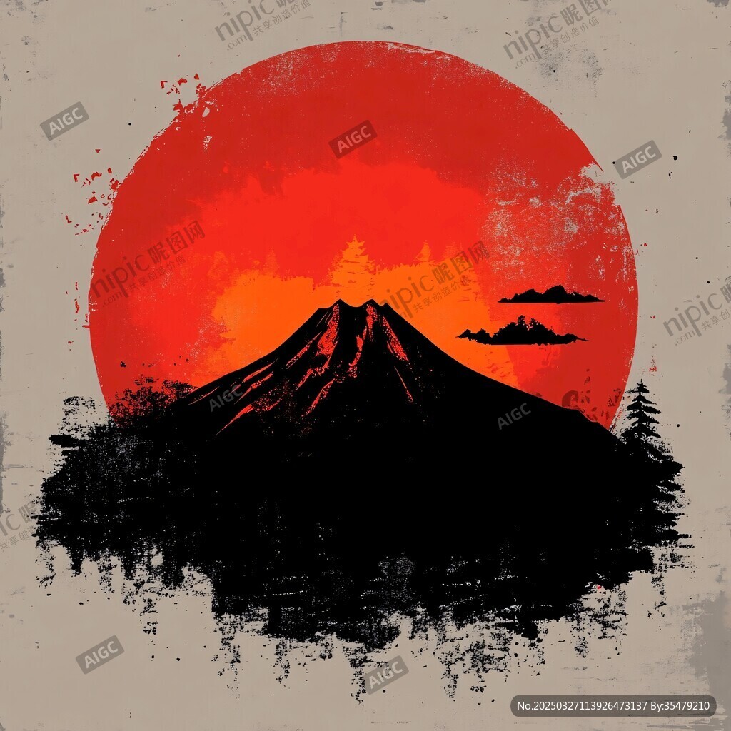 富士山红日下的科幻景象
