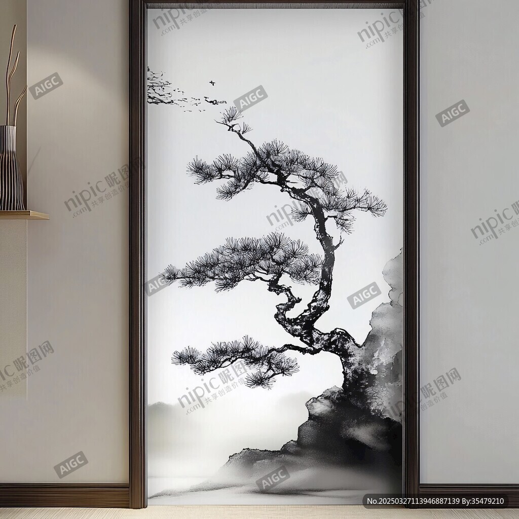 中式水墨迎客松玄关装饰画