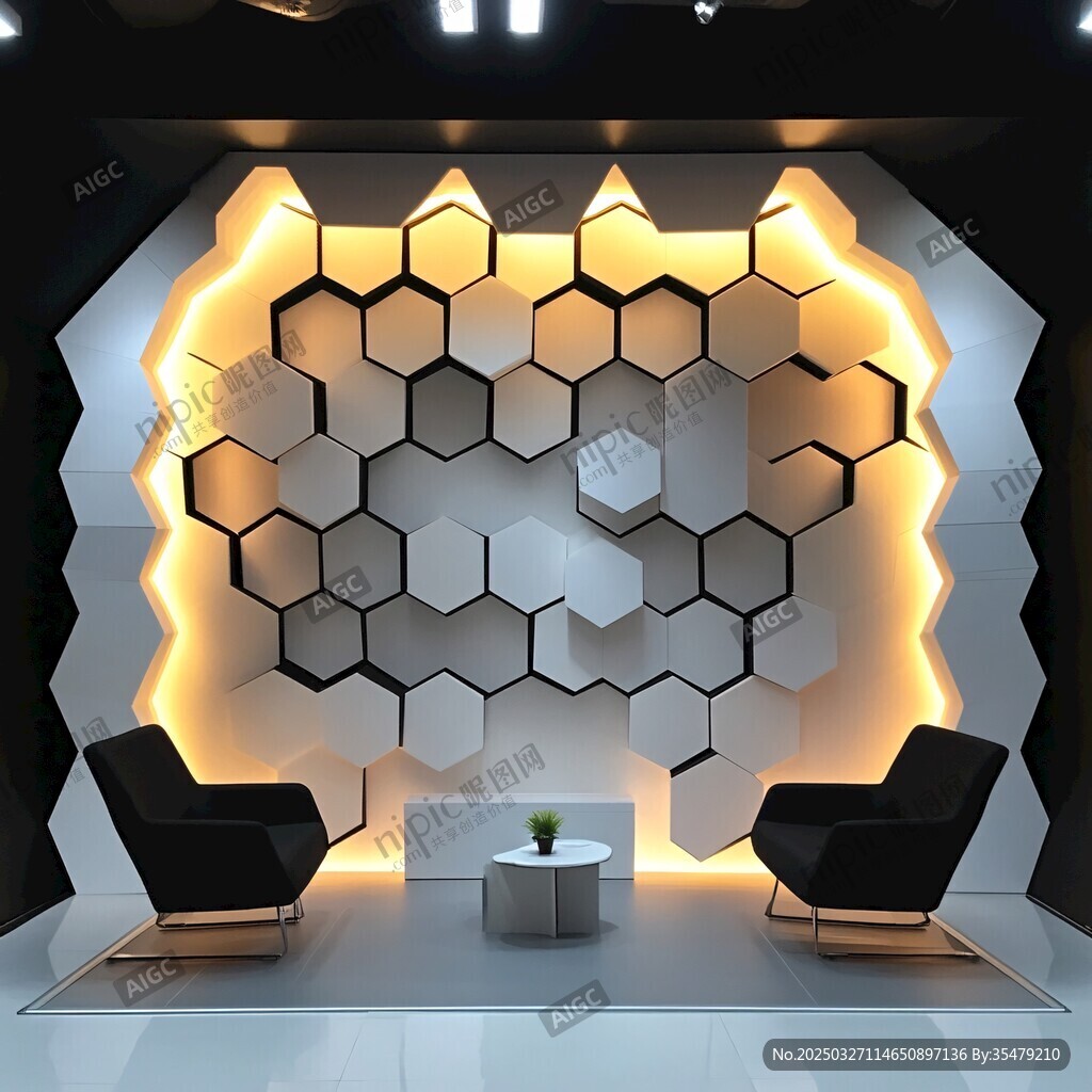 六边形创意墙前的休憩角落