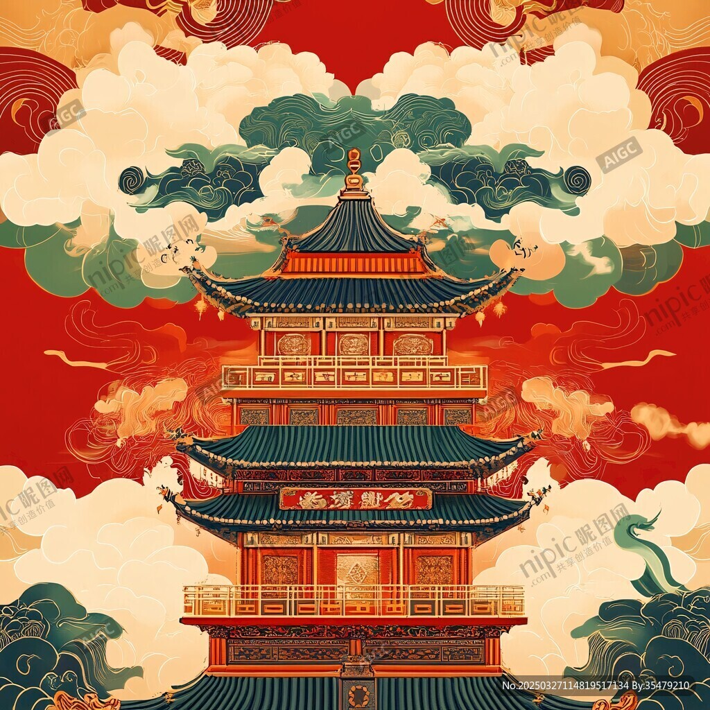 中式古风楼阁云海祥瑞图