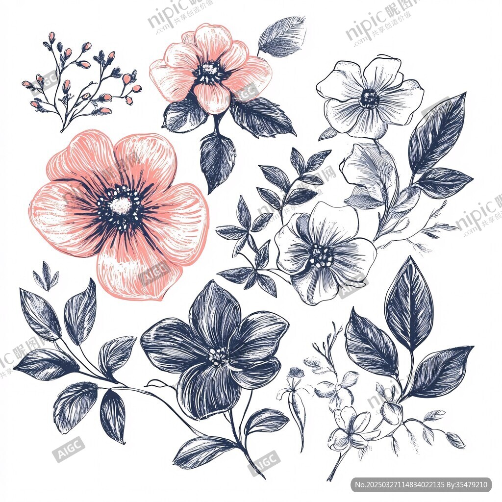 手绘花卉图案插画素材