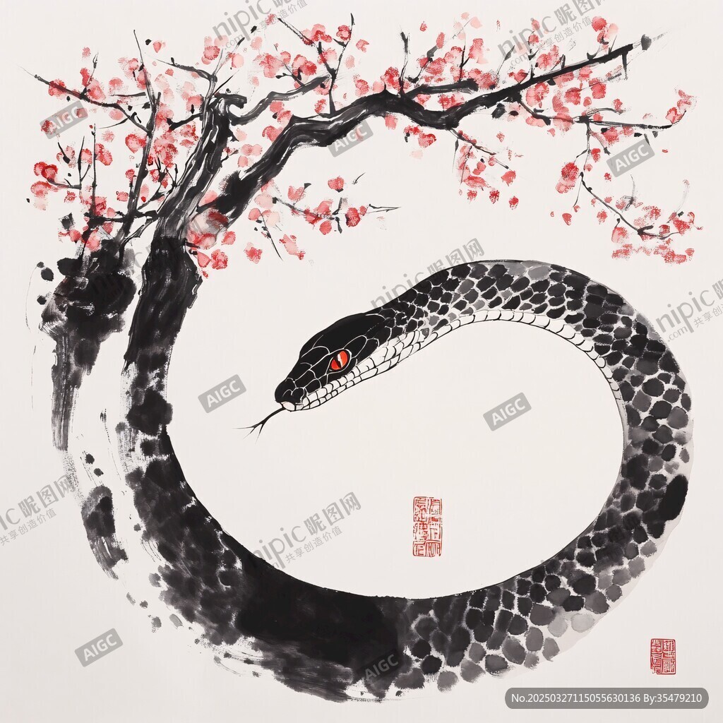 墨韵梅枝下的灵蛇